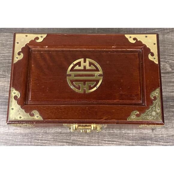 Vintage Asian Brass Inlay Wooden Jewelry Box Chest Organizer 11.5x7x5.5 - Picture 5 of 9